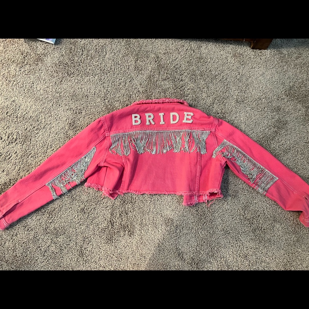 Bachlorette Bride diamond pearl fringe pink crop jacket